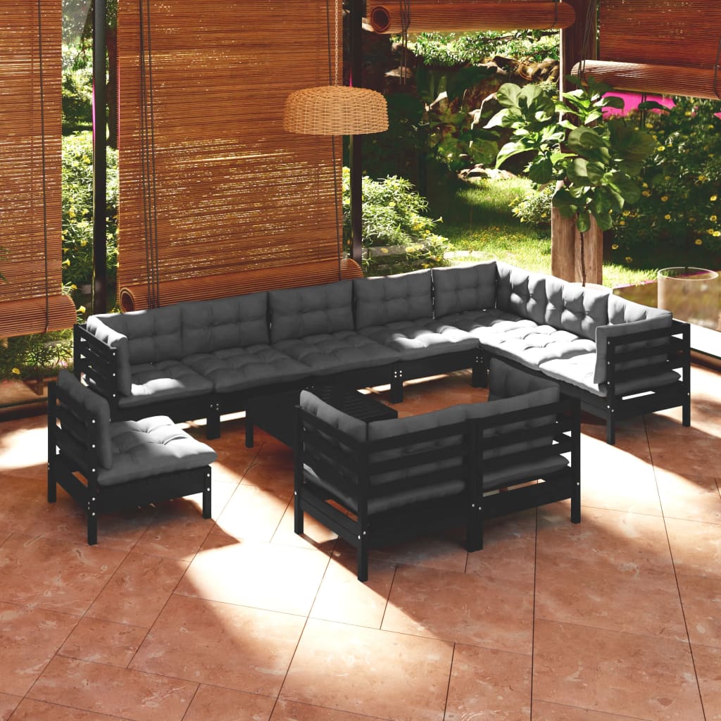 11 pcs conjunto lounge jardim c/ almofadões pinho maciço preto - Leva - Me - Contigo