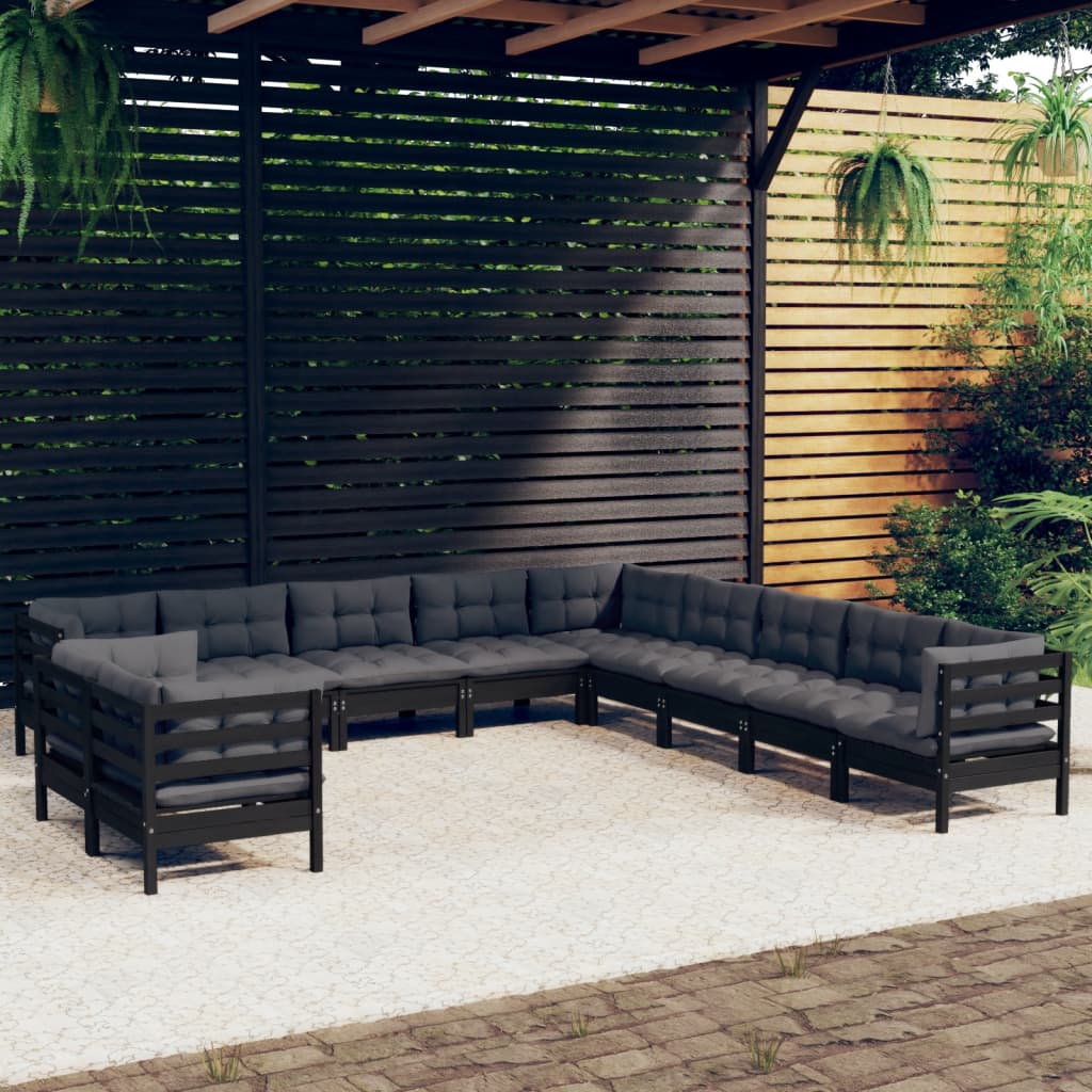 11 pcs conjunto lounge jardim c/ almofadões pinho maciço preto - Leva - Me - Contigo