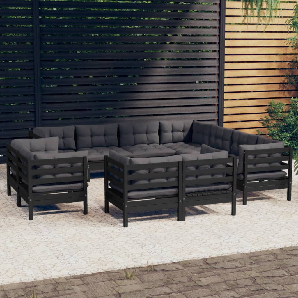 11 pcs conjunto lounge jardim c/ almofadões pinho maciço preto - Leva - Me - Contigo