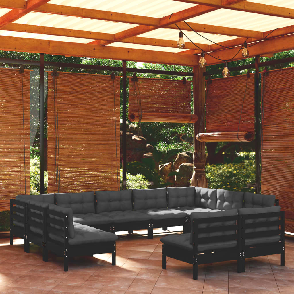 11 pcs conjunto lounge jardim c/ almofadões pinho maciço preto - Leva - Me - Contigo