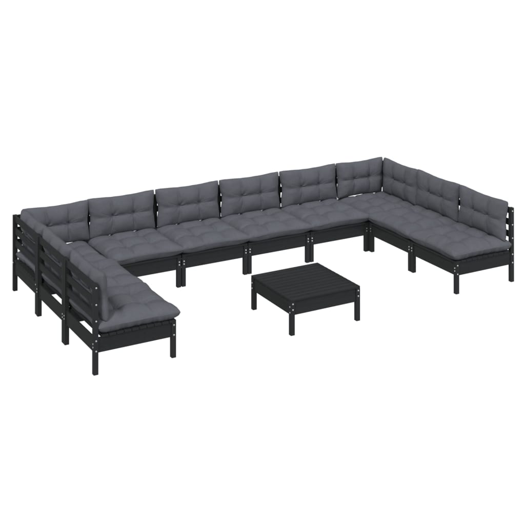 11 pcs conjunto lounge jardim c/ almofadões pinho maciço preto - Leva - Me - Contigo