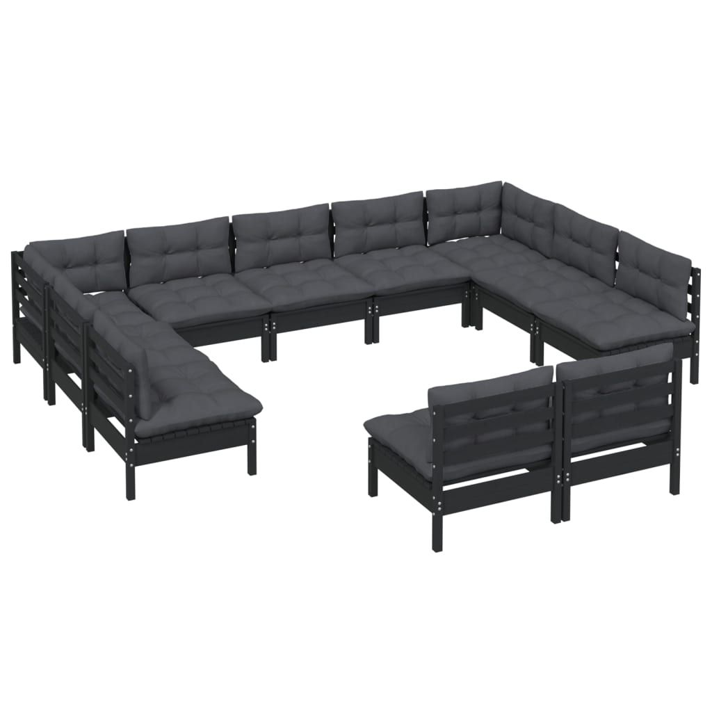 11 pcs conjunto lounge jardim c/ almofadões pinho maciço preto - Leva - Me - Contigo