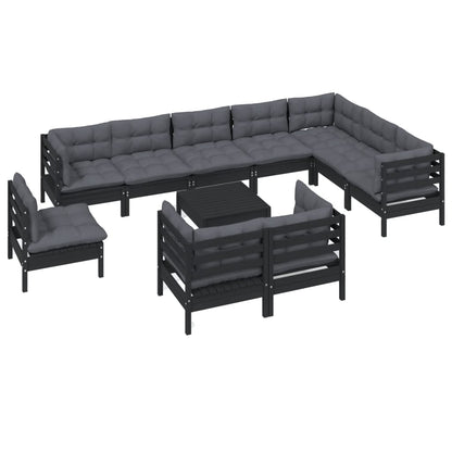 11 pcs conjunto lounge jardim c/ almofadões pinho maciço preto - Leva - Me - Contigo