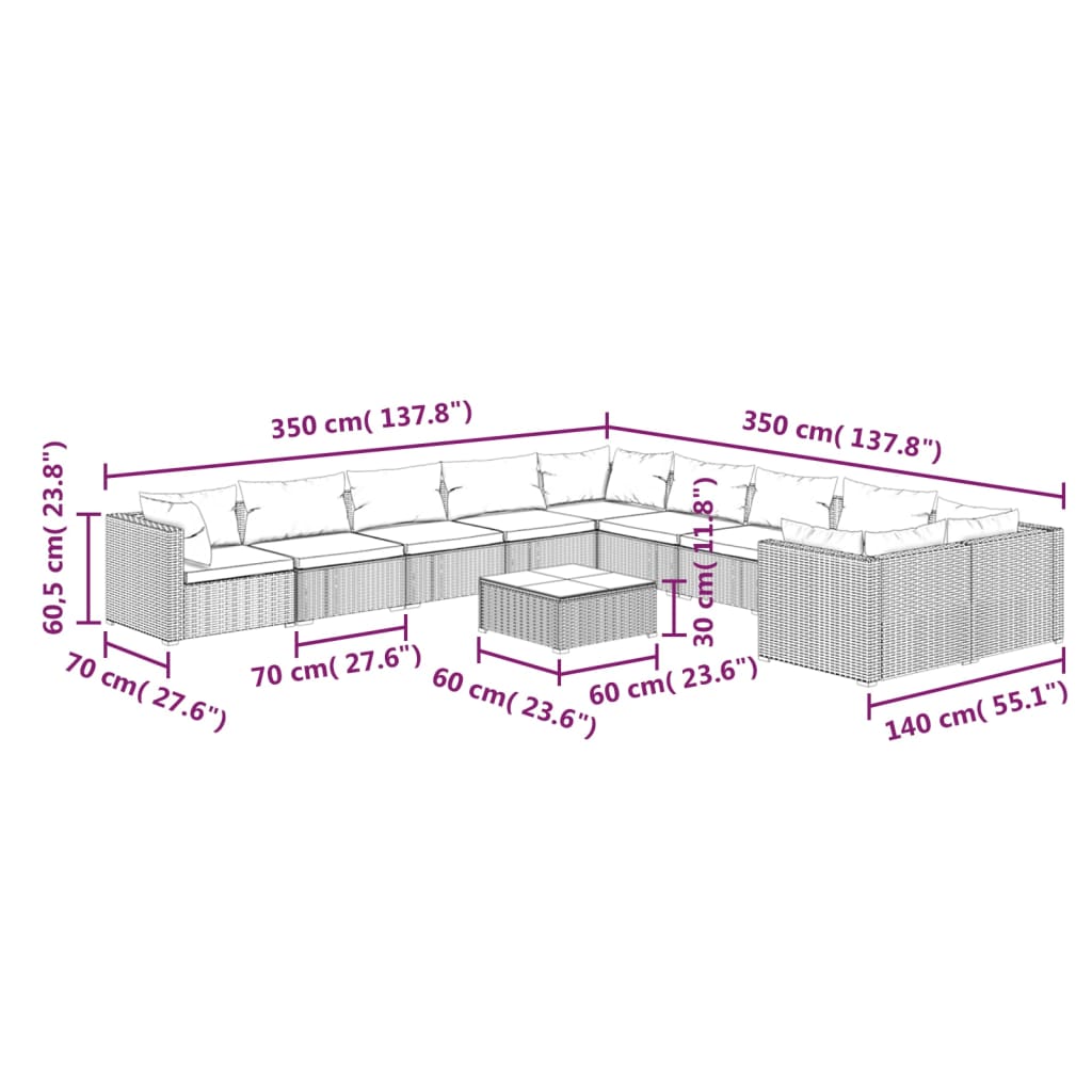 11 pcs conjunto lounge jardim c/ almofadões vime PE castanho - Leva - Me - Contigo