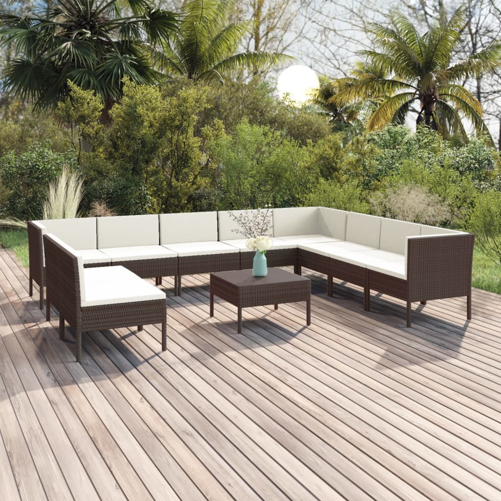 11 pcs conjunto lounge jardim c/ almofadões vime PE castanho - Leva - Me - Contigo