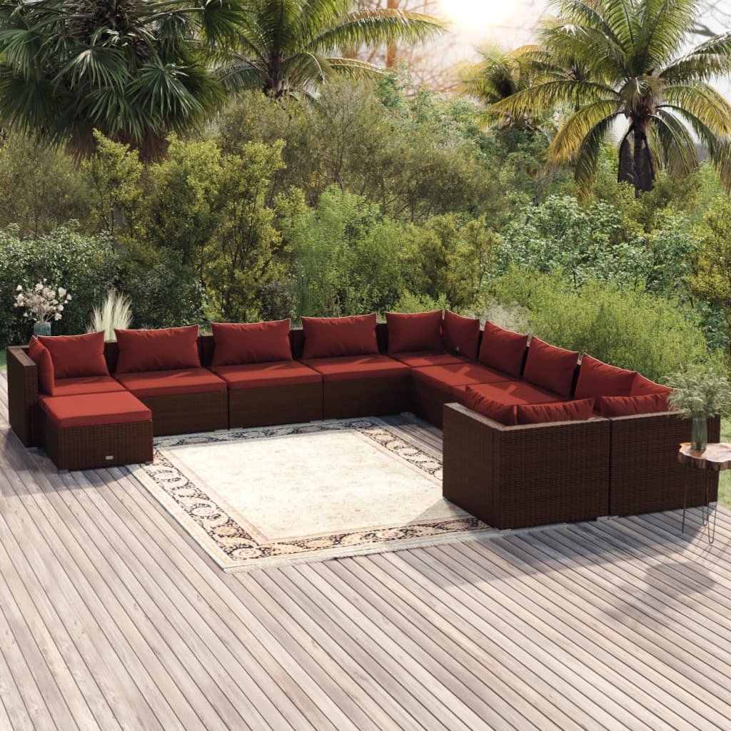 11 pcs conjunto lounge jardim c/ almofadões vime PE castanho - Leva - Me - Contigo