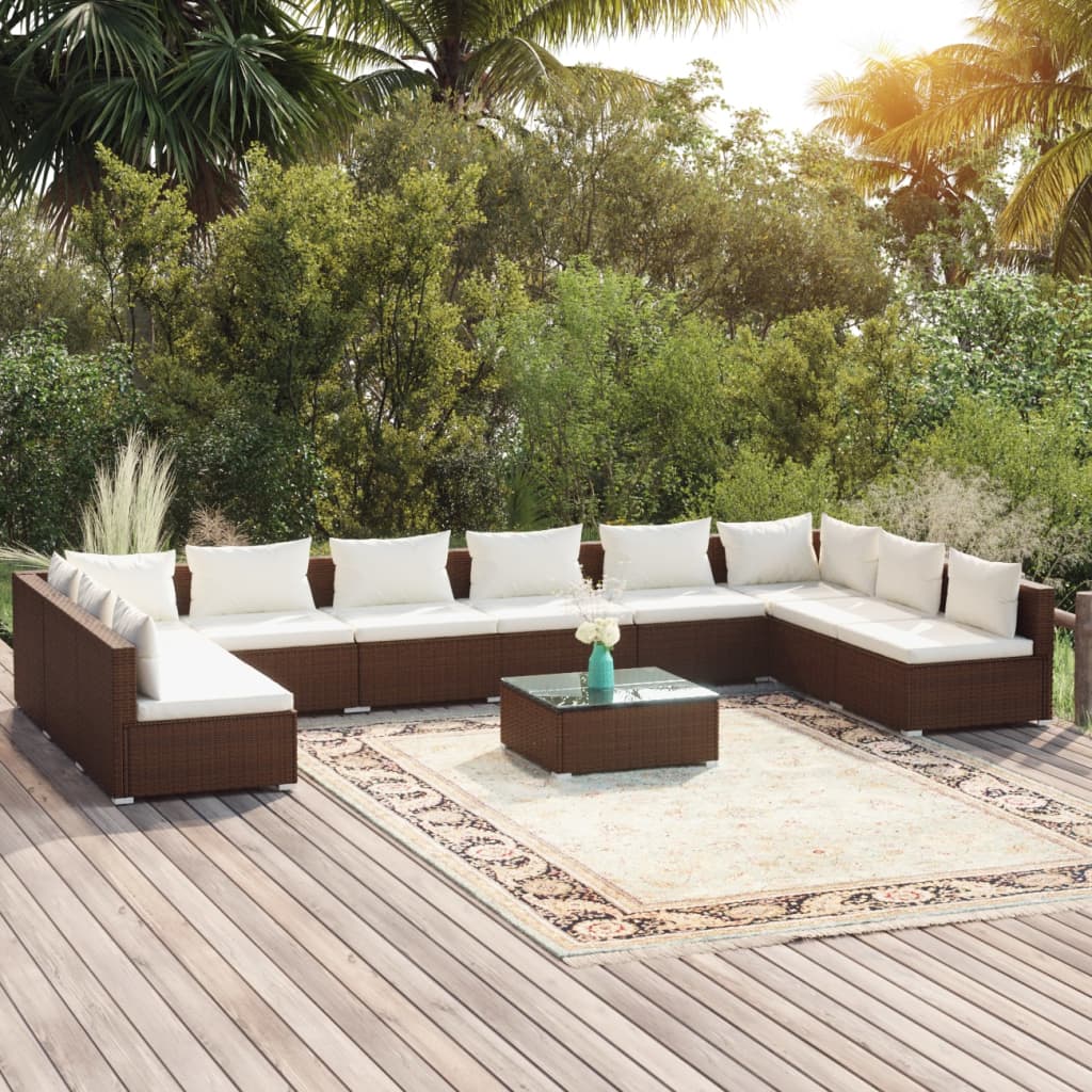 11 pcs conjunto lounge jardim c/ almofadões vime PE castanho - Leva - Me - Contigo