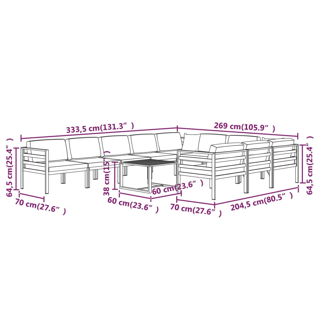 11 pcs conjunto lounge jardim com almofadões alumínio antracite - Leva - Me - Contigo