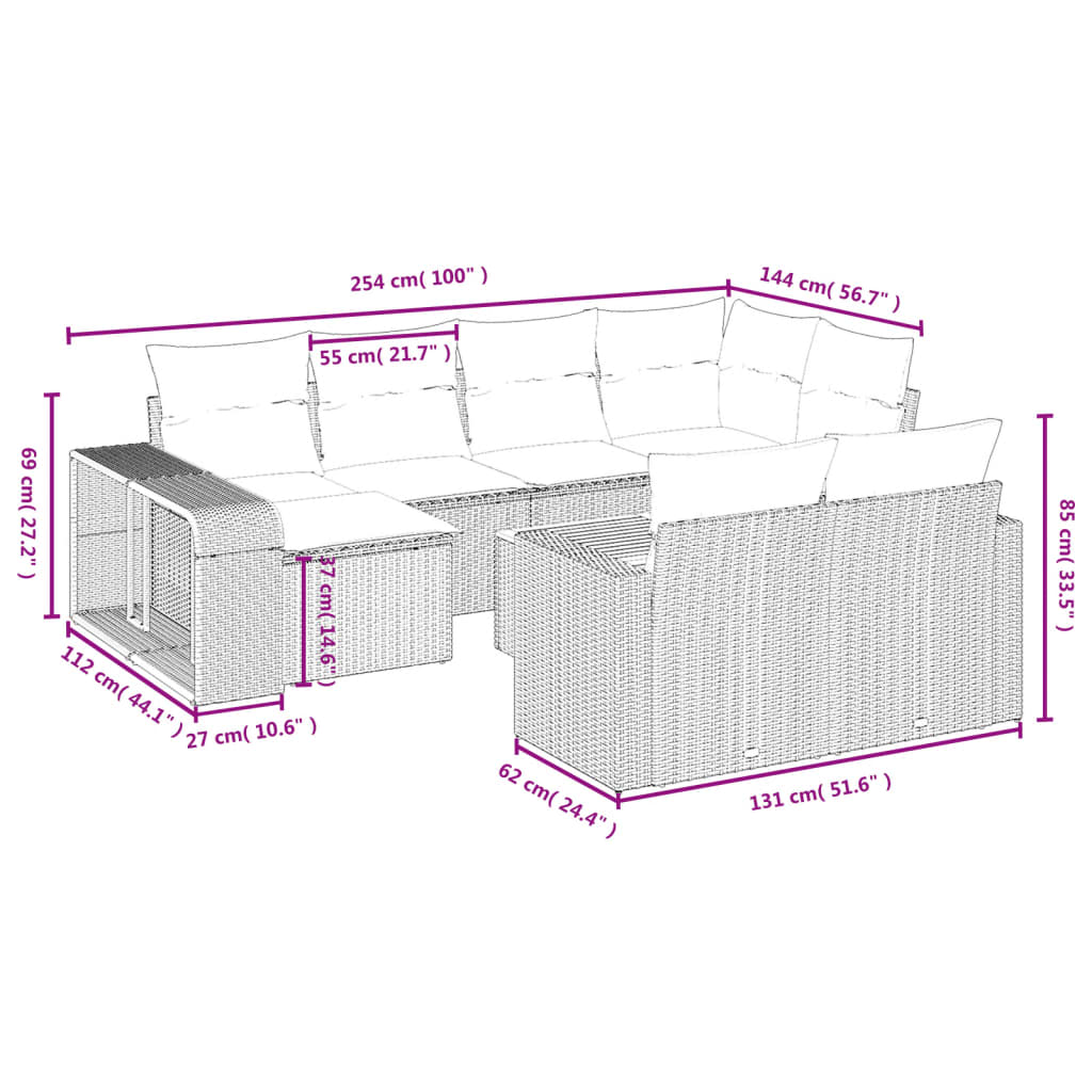 11 pcs conjunto sofás de jardim c/ almofadões vime PE bege - Leva - Me - Contigo