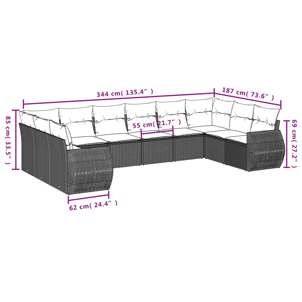 11 pcs conjunto sofás de jardim c/ almofadões vime PE bege - Leva - Me - Contigo