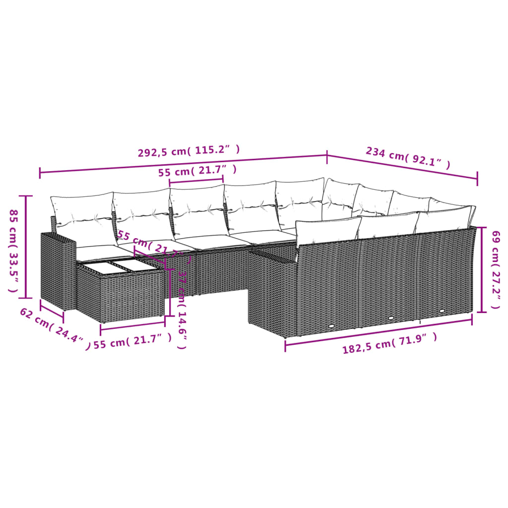 11 pcs conjunto sofás de jardim c/ almofadões vime PE bege - Leva - Me - Contigo