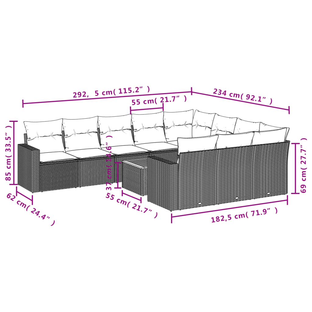 11 pcs conjunto sofás de jardim c/ almofadões vime PE bege - Leva - Me - Contigo