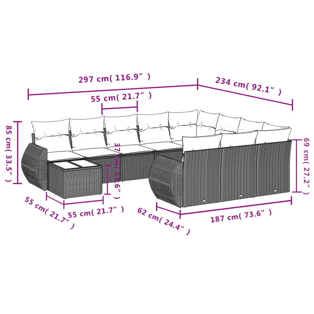 11 pcs conjunto sofás de jardim c/ almofadões vime PE bege - Leva - Me - Contigo