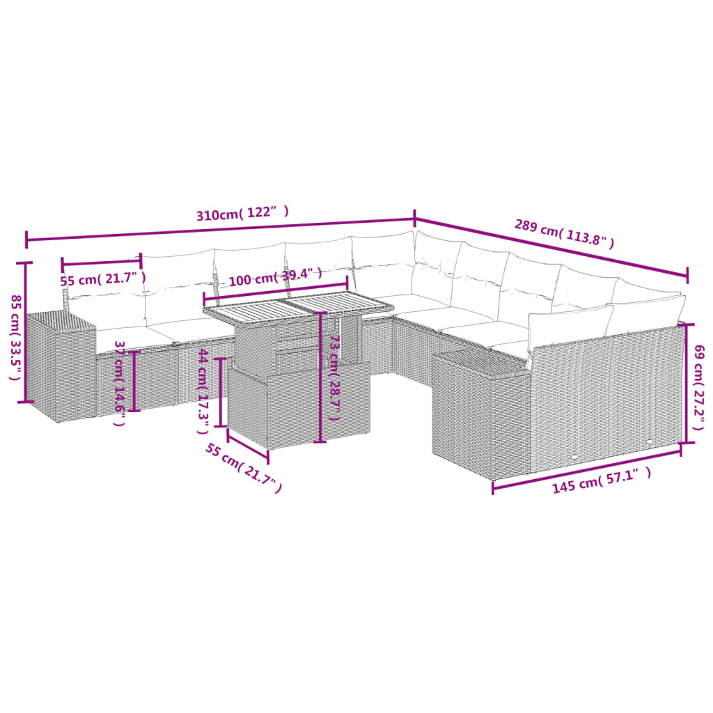 11 pcs conjunto sofás de jardim c/ almofadões vime PE bege - Leva - Me - Contigo