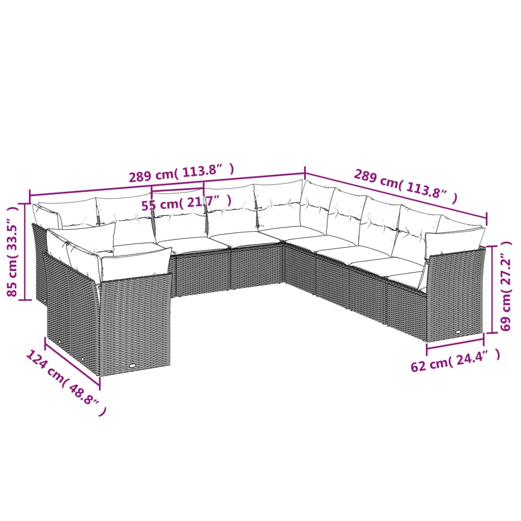 11 pcs conjunto sofás de jardim c/ almofadões vime PE bege - Leva - Me - Contigo