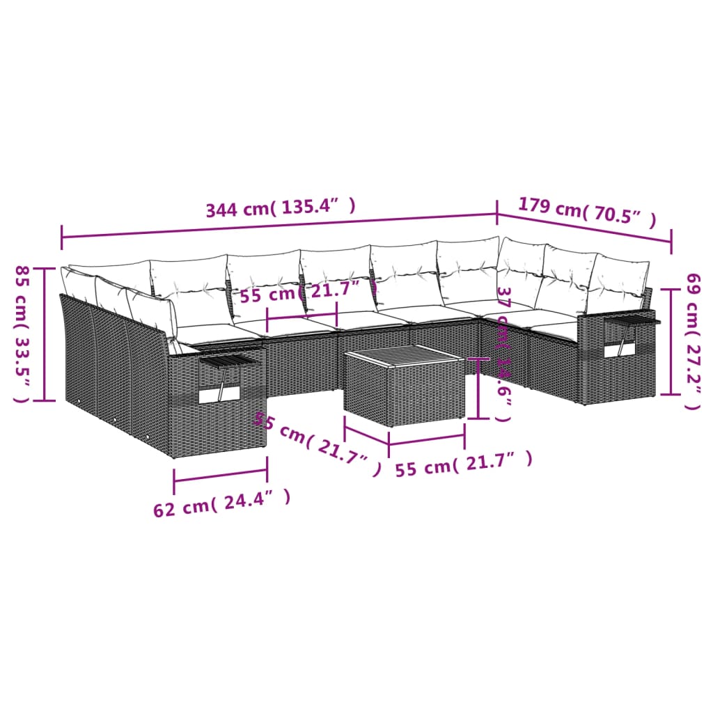 11 pcs conjunto sofás de jardim c/ almofadões vime PE bege - Leva - Me - Contigo