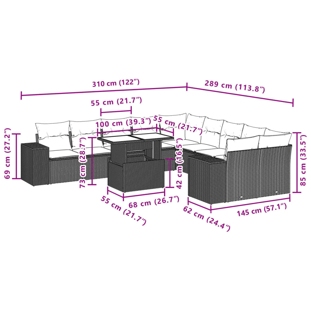 11 pcs conjunto sofás de jardim c/ almofadões vime PE bege - Leva - Me - Contigo