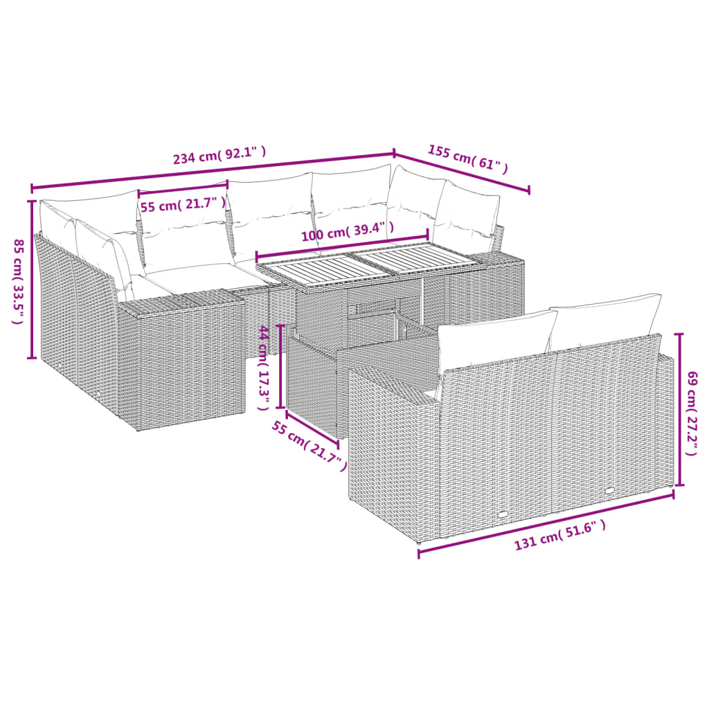 11 pcs conjunto sofás de jardim c/ almofadões vime PE bege - Leva - Me - Contigo