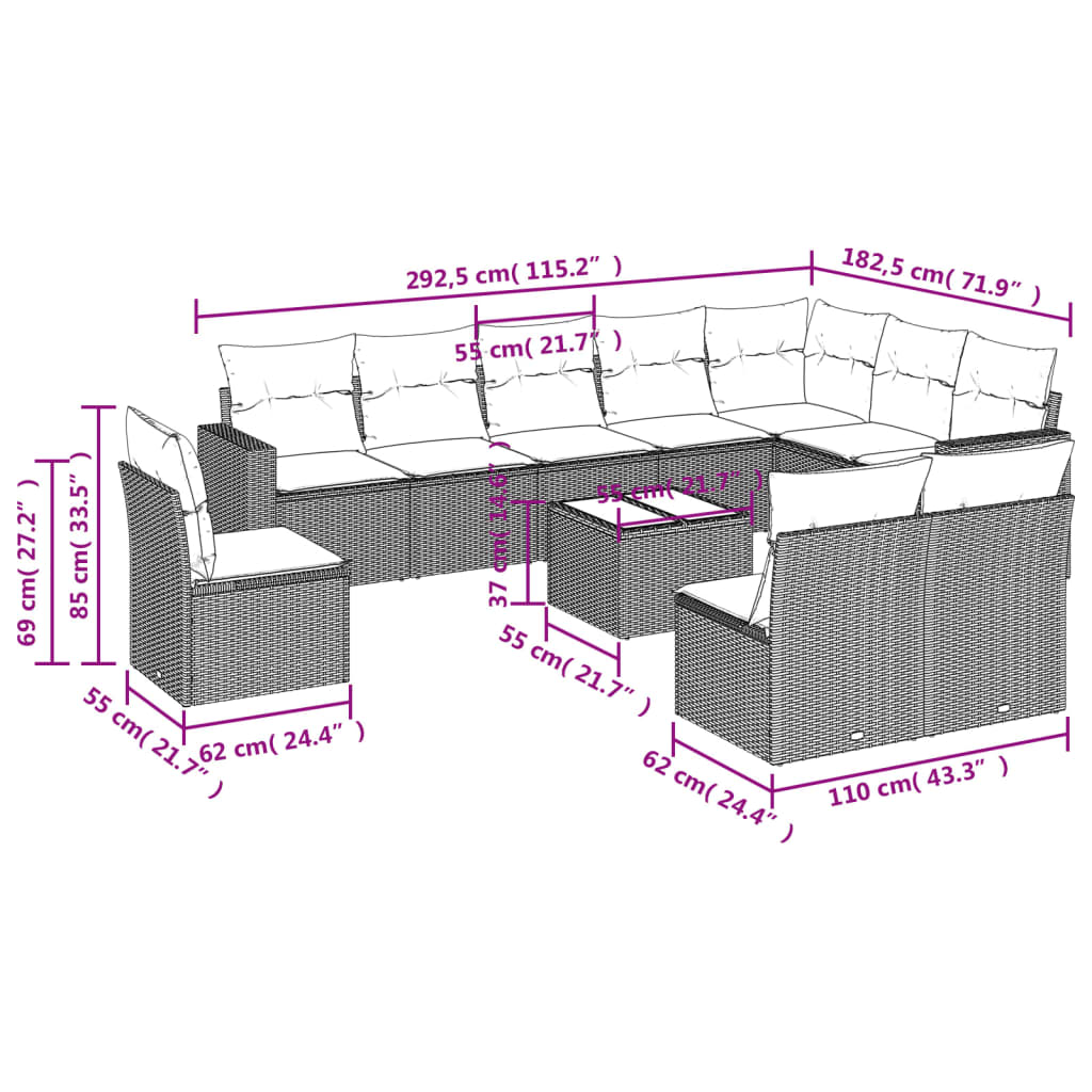 11 pcs conjunto sofás de jardim c/ almofadões vime PE bege - Leva - Me - Contigo