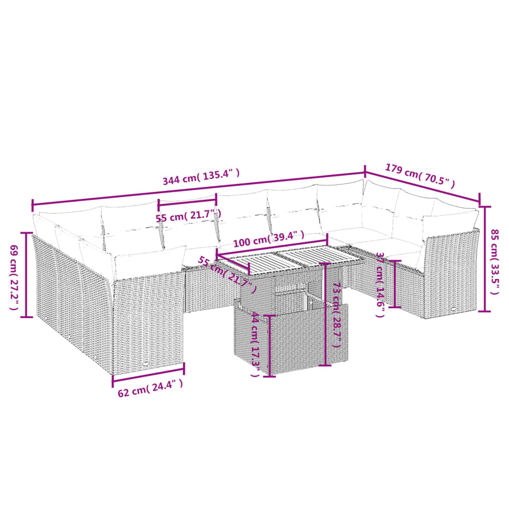 11 pcs conjunto sofás de jardim c/ almofadões vime PE bege - Leva - Me - Contigo