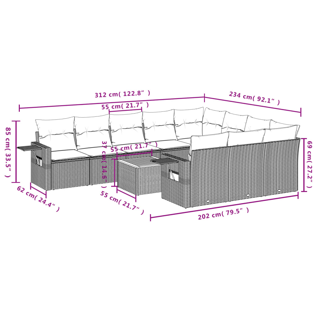 11 pcs conjunto sofás de jardim c/ almofadões vime PE bege - Leva - Me - Contigo