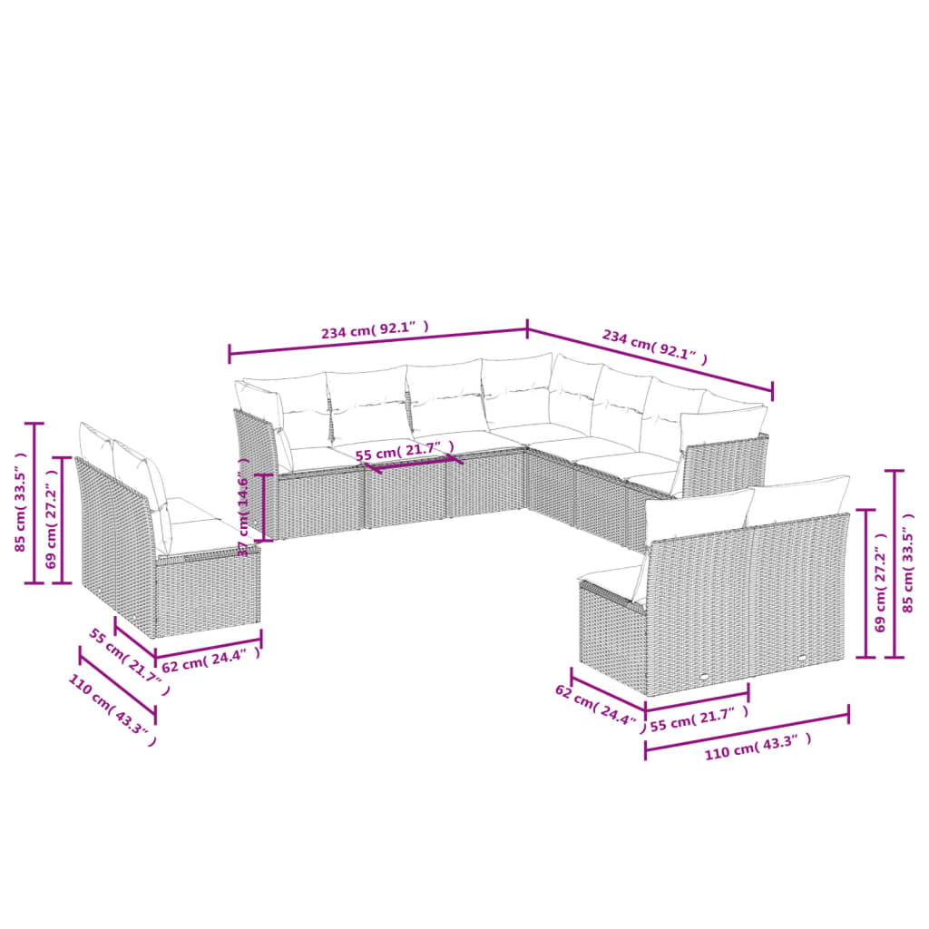 11 pcs conjunto sofás de jardim c/ almofadões vime PE bege - Leva - Me - Contigo