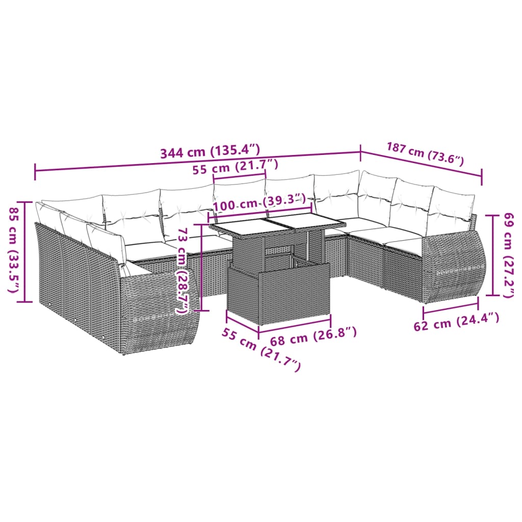 11 pcs conjunto sofás de jardim c/ almofadões vime PE bege - Leva - Me - Contigo