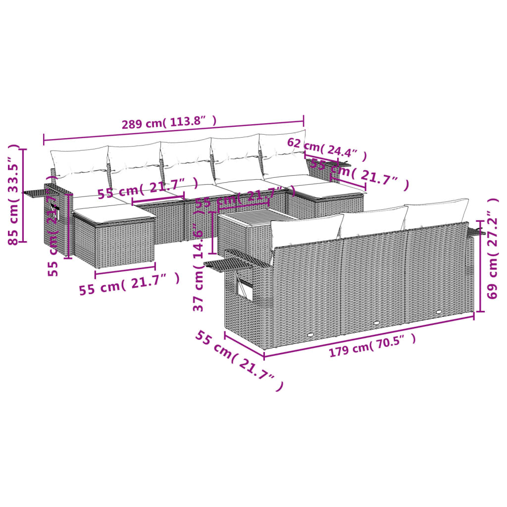 11 pcs conjunto sofás de jardim c/ almofadões vime PE bege - Leva - Me - Contigo