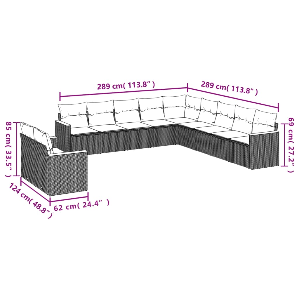 11 pcs conjunto sofás de jardim c/ almofadões vime PE bege - Leva - Me - Contigo