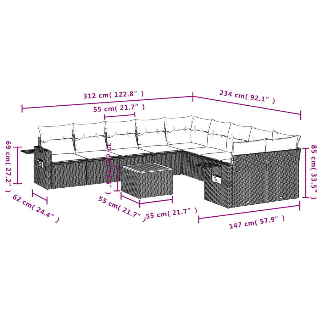 11 pcs conjunto sofás de jardim c/ almofadões vime PE bege - Leva - Me - Contigo