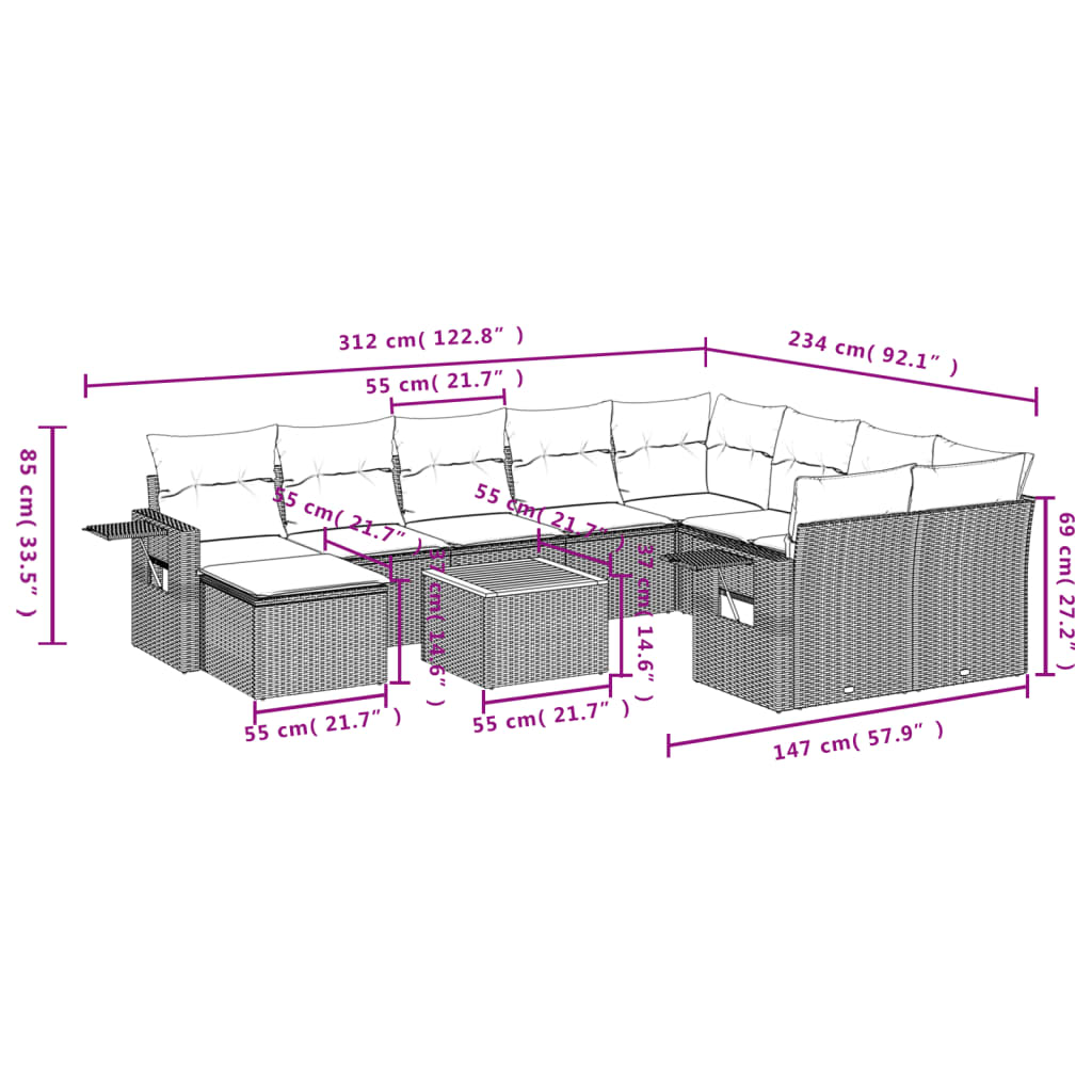 11 pcs conjunto sofás de jardim c/ almofadões vime PE bege - Leva - Me - Contigo