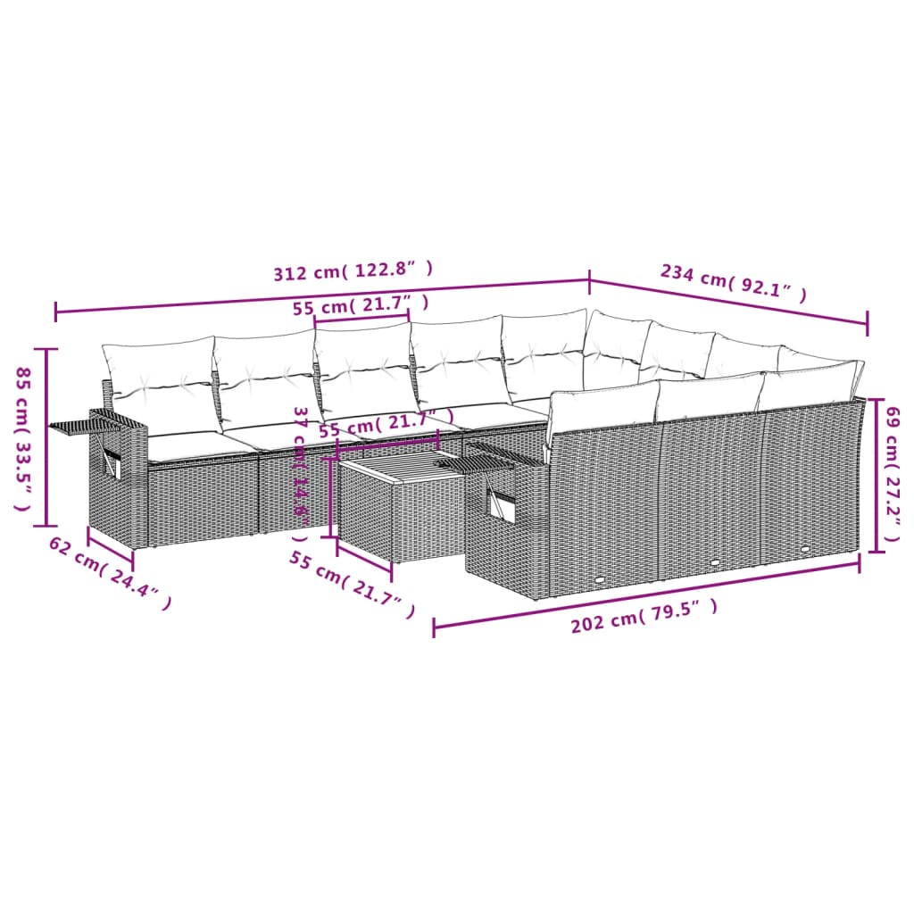 11 pcs conjunto sofás de jardim c/ almofadões vime PE bege - Leva - Me - Contigo