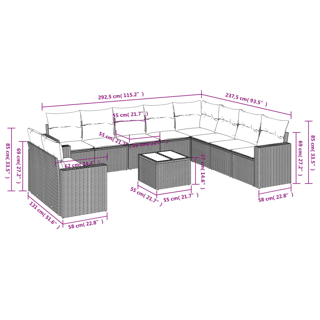 11 pcs conjunto sofás de jardim c/ almofadões vime PE bege - Leva - Me - Contigo