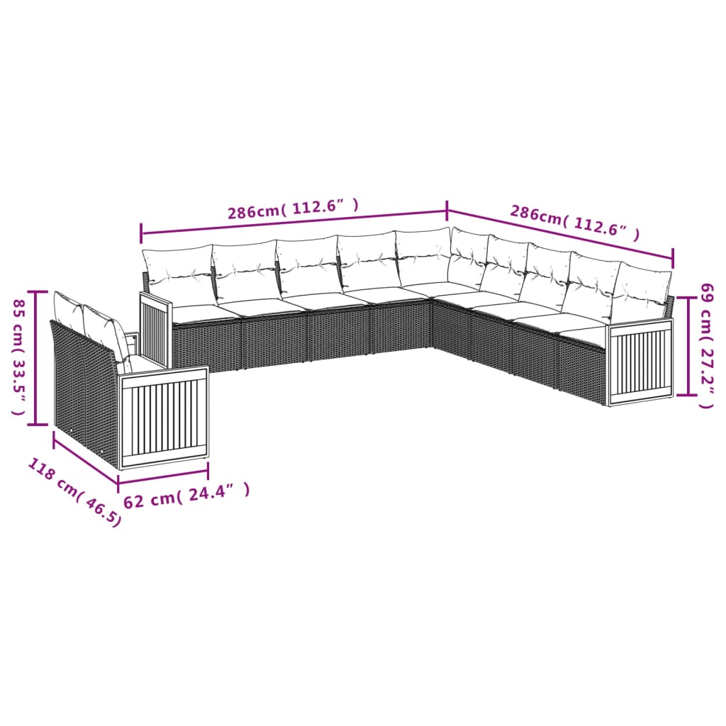 11 pcs conjunto sofás de jardim c/ almofadões vime PE bege - Leva - Me - Contigo