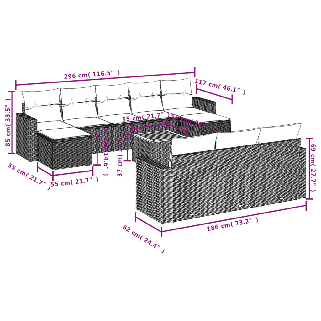 11 pcs conjunto sofás de jardim c/ almofadões vime PE bege - Leva - Me - Contigo