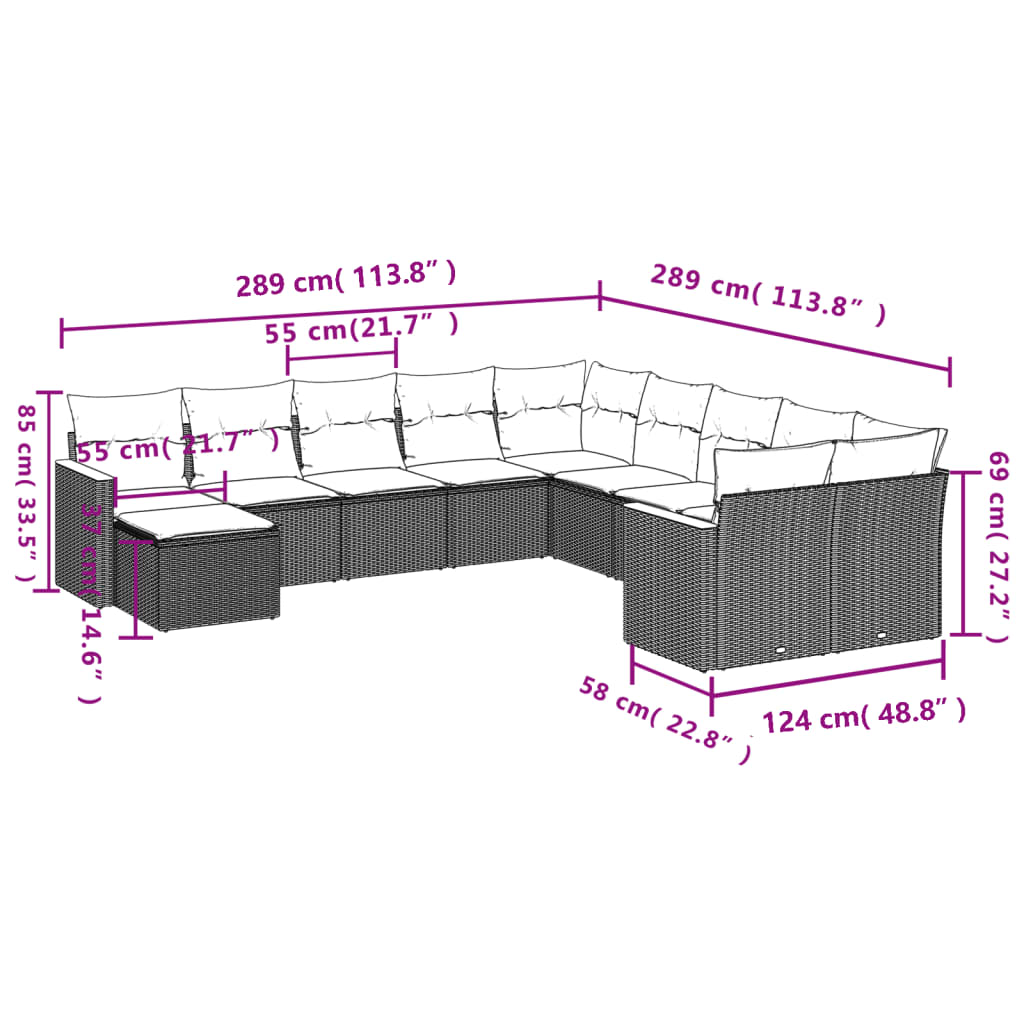 11 pcs conjunto sofás de jardim c/ almofadões vime PE bege - Leva - Me - Contigo