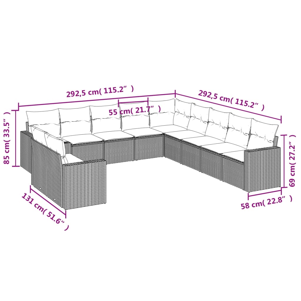 11 pcs conjunto sofás de jardim c/ almofadões vime PE bege - Leva - Me - Contigo