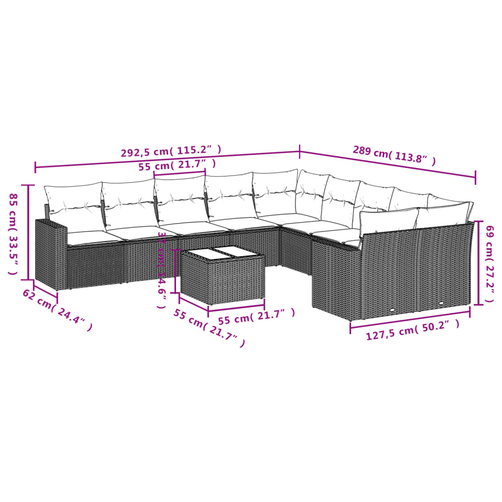 11 pcs conjunto sofás de jardim c/ almofadões vime PE bege - Leva - Me - Contigo