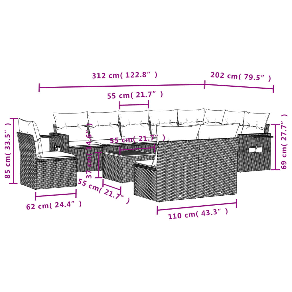 11 pcs conjunto sofás de jardim c/ almofadões vime PE bege - Leva - Me - Contigo