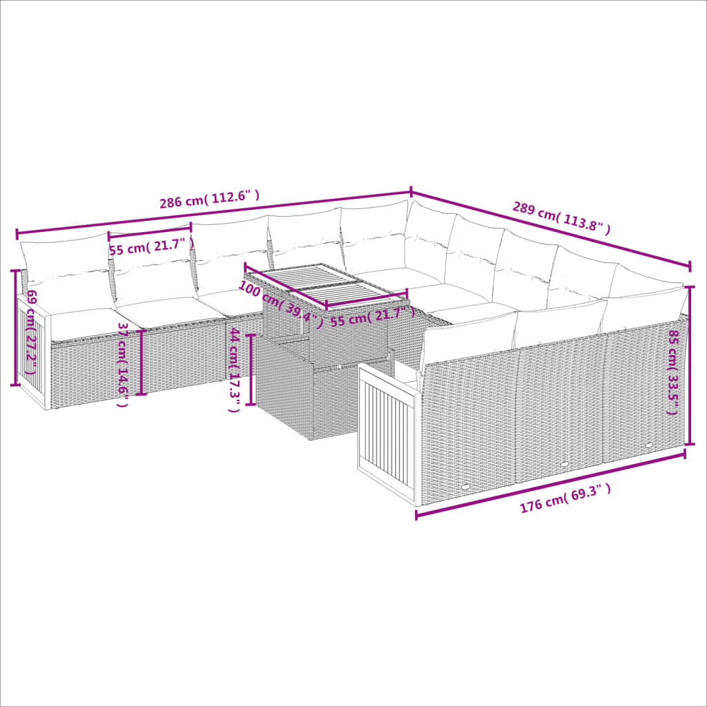 11 pcs conjunto sofás de jardim c/ almofadões vime PE bege - Leva - Me - Contigo