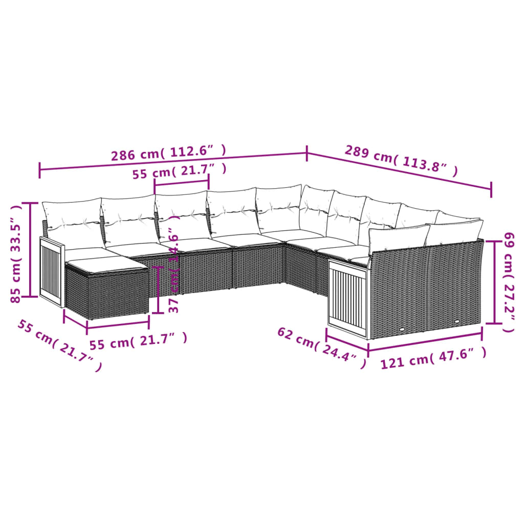 11 pcs conjunto sofás de jardim c/ almofadões vime PE bege - Leva - Me - Contigo