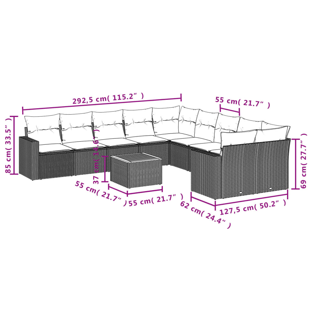 11 pcs conjunto sofás de jardim c/ almofadões vime PE bege - Leva - Me - Contigo