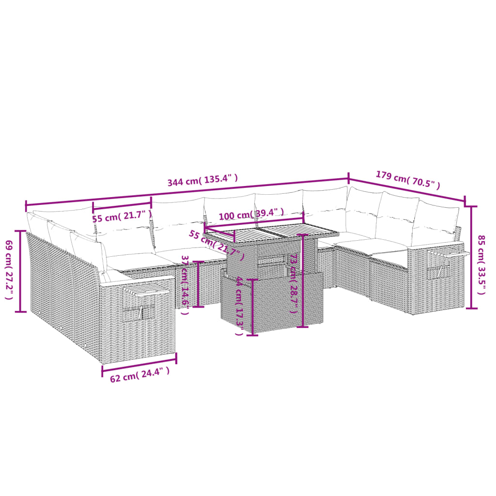 11 pcs conjunto sofás de jardim c/ almofadões vime PE bege - Leva - Me - Contigo