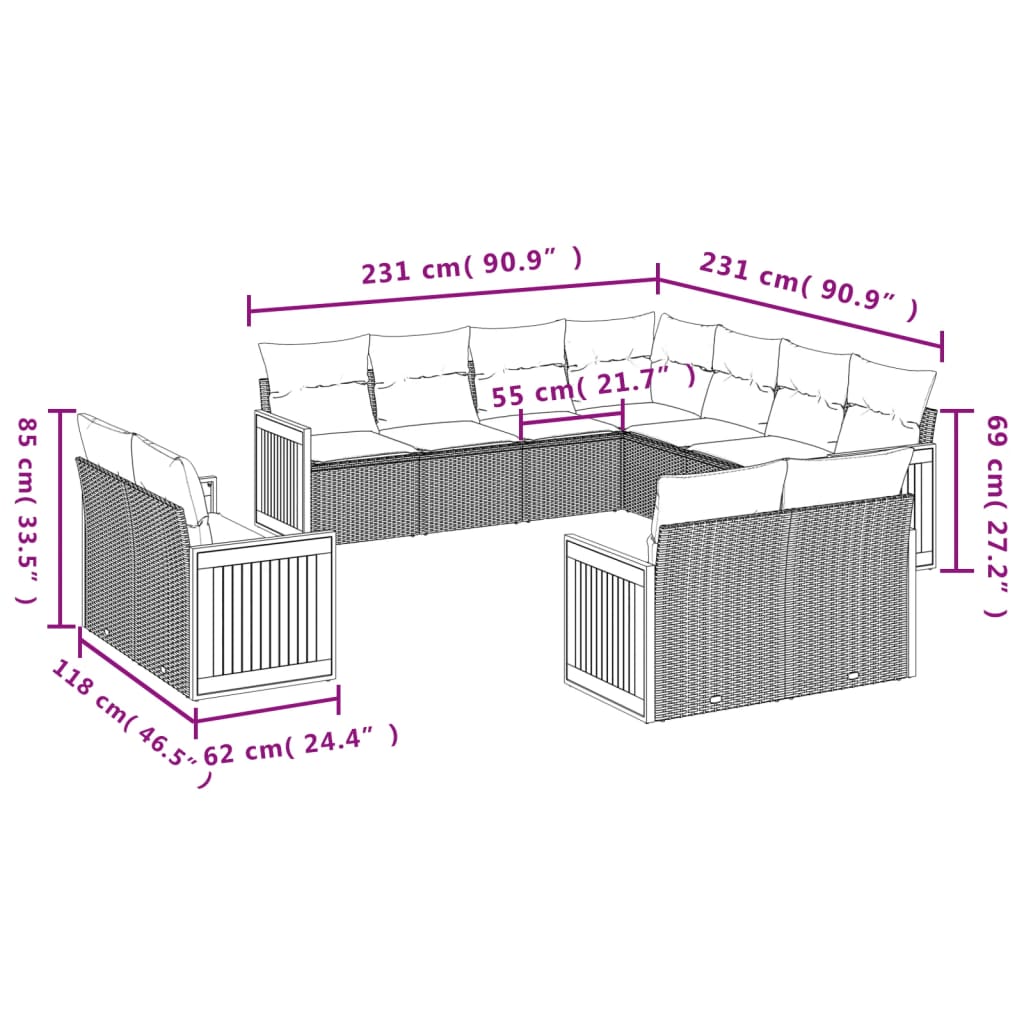 11 pcs conjunto sofás de jardim c/ almofadões vime PE bege - Leva - Me - Contigo