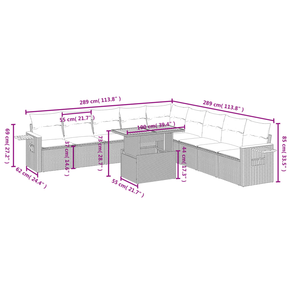 11 pcs conjunto sofás de jardim c/ almofadões vime PE bege - Leva - Me - Contigo