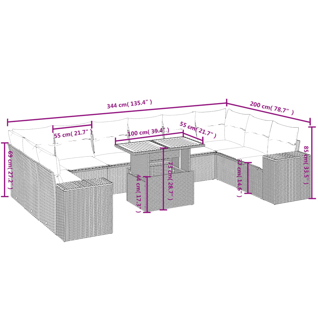 11 pcs conjunto sofás de jardim c/ almofadões vime PE bege - Leva - Me - Contigo