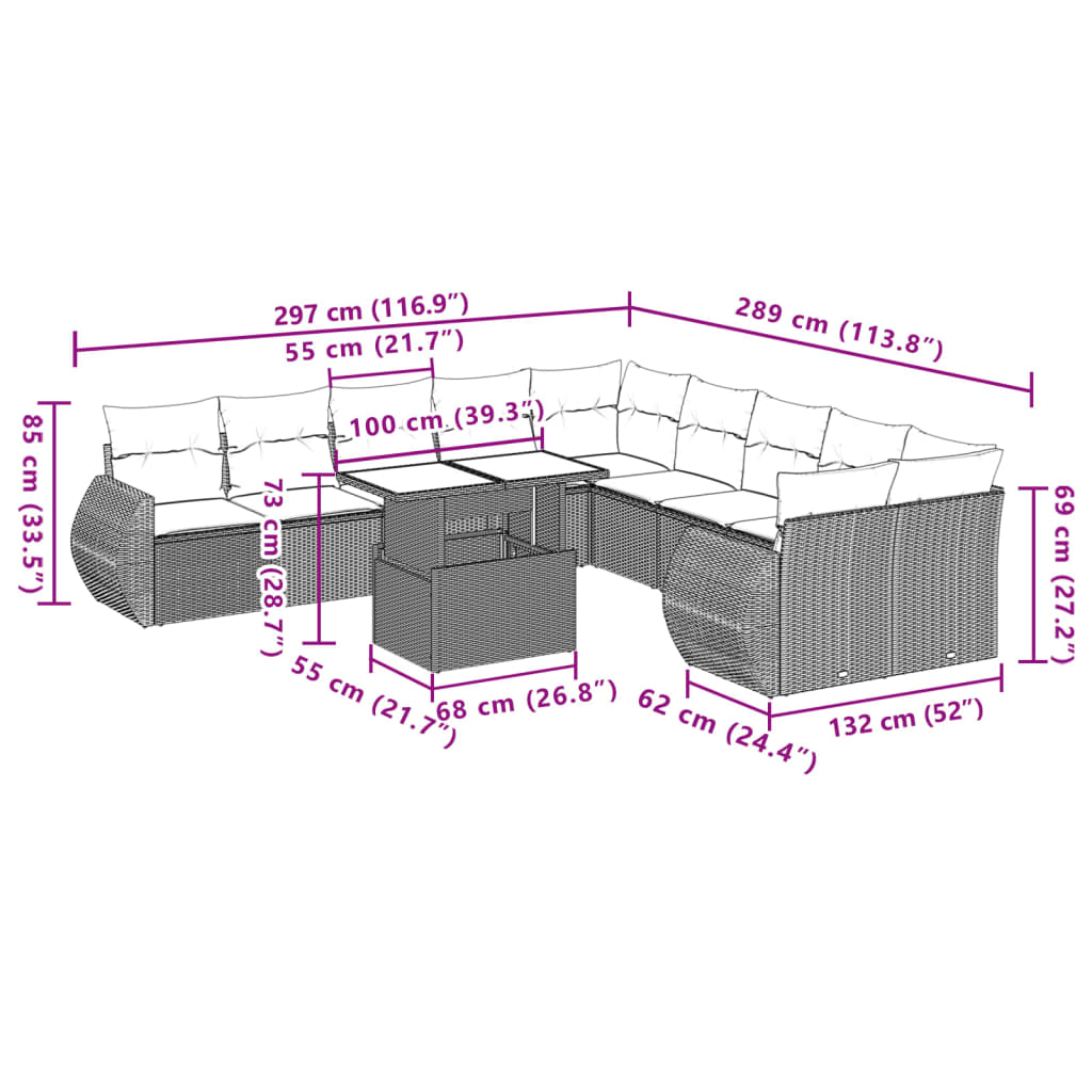 11 pcs conjunto sofás de jardim c/ almofadões vime PE bege - Leva - Me - Contigo