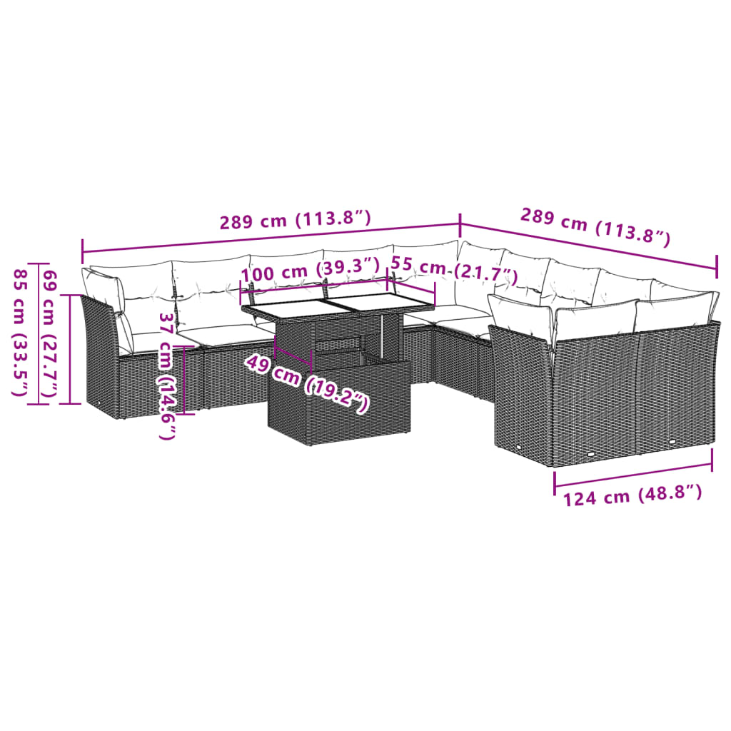 11 pcs conjunto sofás de jardim c/ almofadões vime PE bege - Leva - Me - Contigo