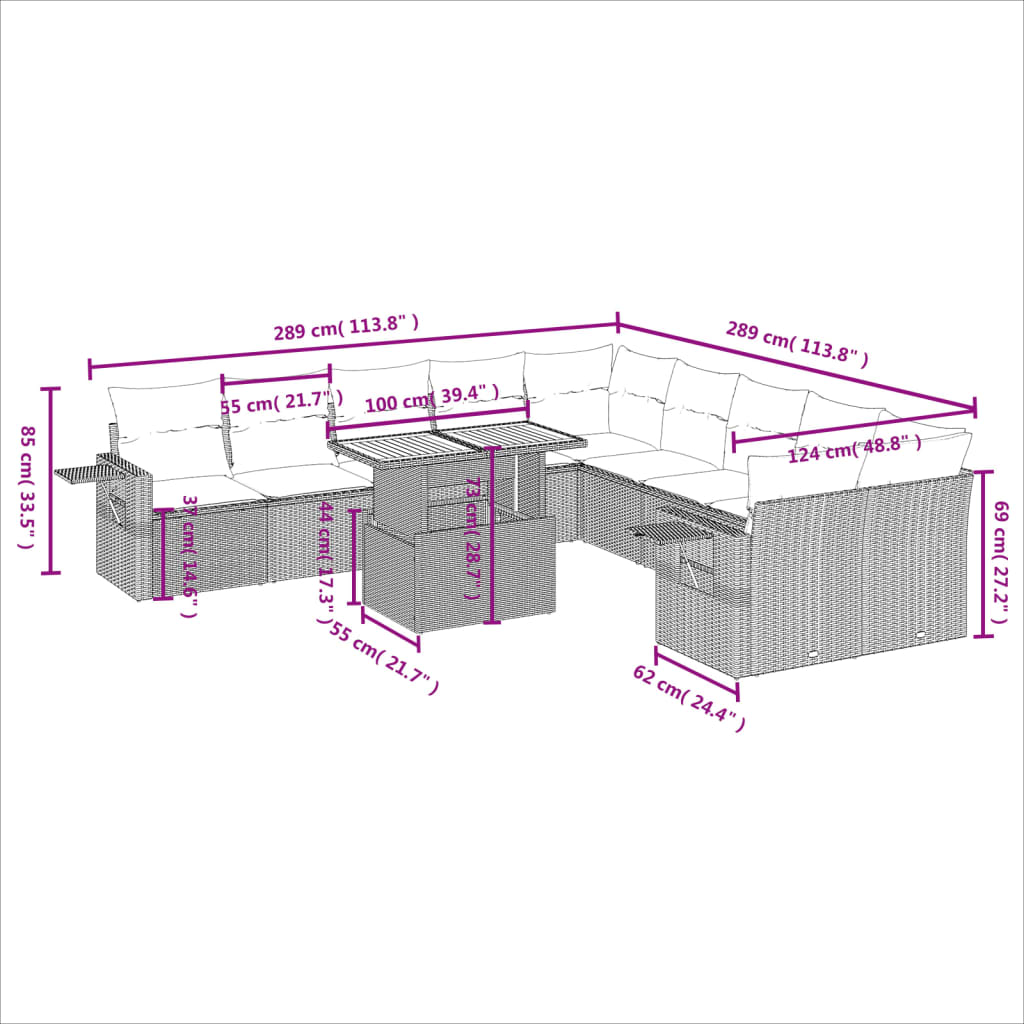 11 pcs conjunto sofás de jardim c/ almofadões vime PE bege - Leva - Me - Contigo