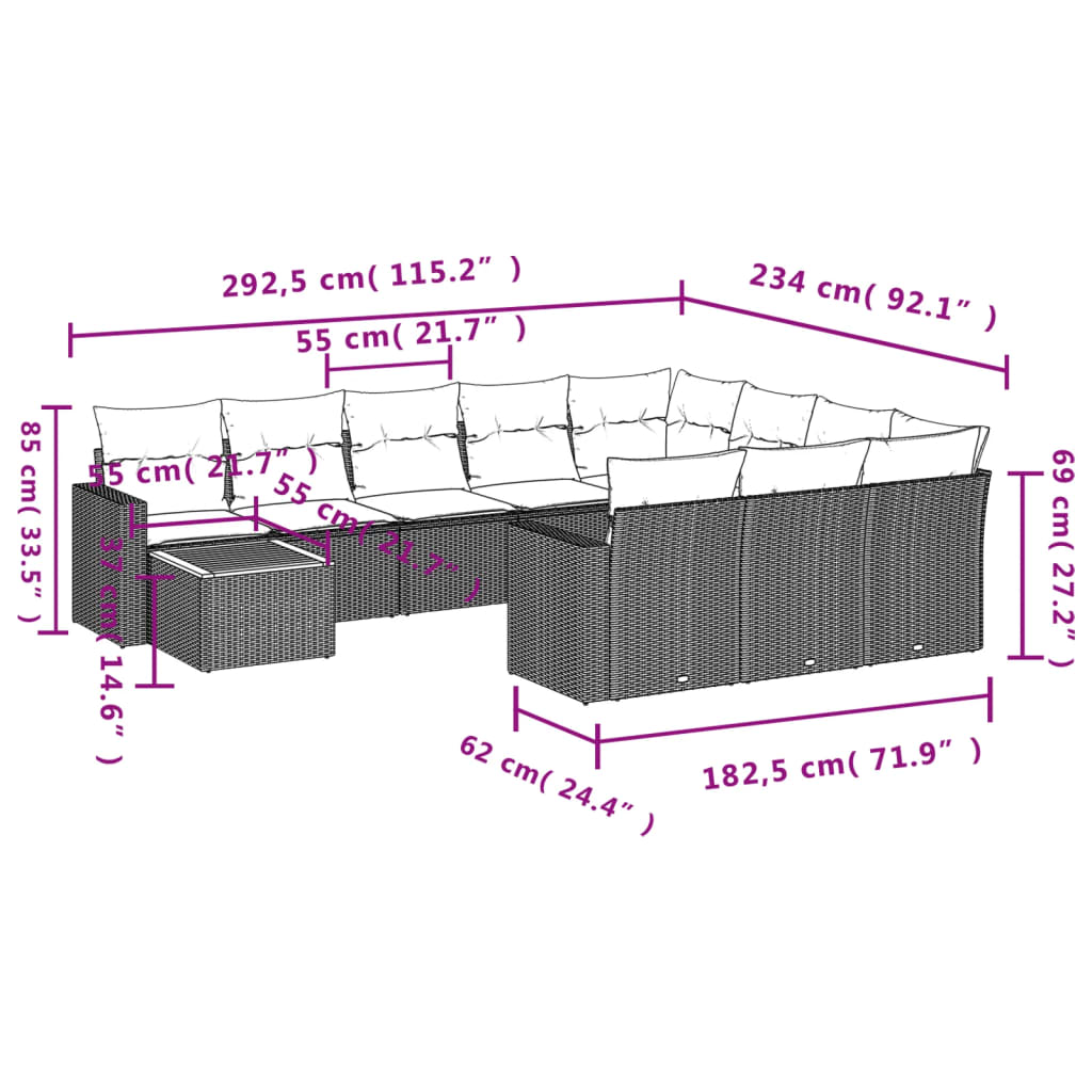 11 pcs conjunto sofás de jardim c/ almofadões vime PE bege - Leva - Me - Contigo